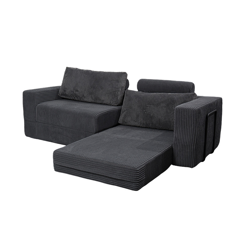 Modern Convertible Sofa in Dark Grey Corduroy with Cushions, Flexible Modular Layout