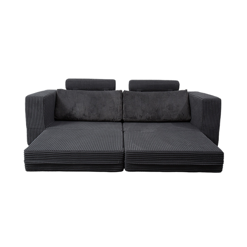 Modern Convertible Sofa in Dark Grey Corduroy with Cushions, Flexible Modular Layout
